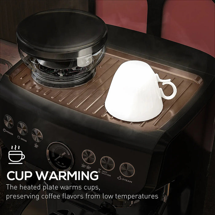 Cup warming station with a white mug on a coffee machine, featuring text about cup warming functionality.