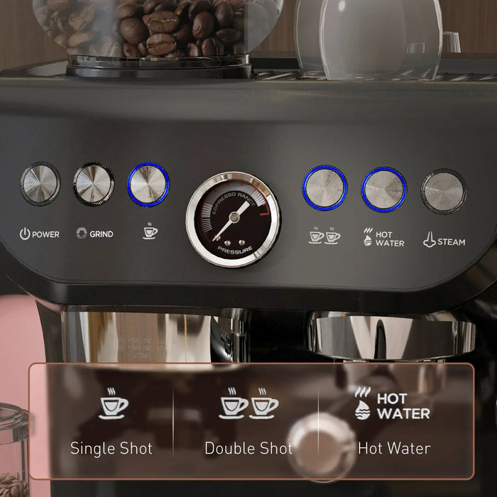 Close-up of a coffee machine with control buttons and settings.