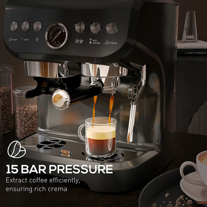 Black espresso machine pouring coffee into a glass, with text about 15 bar pressure.