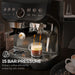 Black espresso machine pouring coffee into a glass, with text about 15 bar pressure.