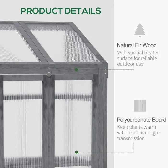 Grey wooden cold frame greenhouse with polycarbonate panels, product details displayed.
