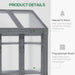 Grey wooden cold frame greenhouse with polycarbonate panels, product details displayed.
