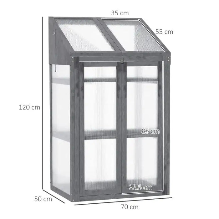 Grey 3-tier wooden mini greenhouse with glass panels, measurements labeled in centimeters.