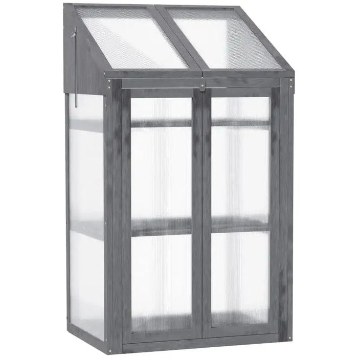 Grey 3-tier wooden mini greenhouse with transparent panels and slanted roof