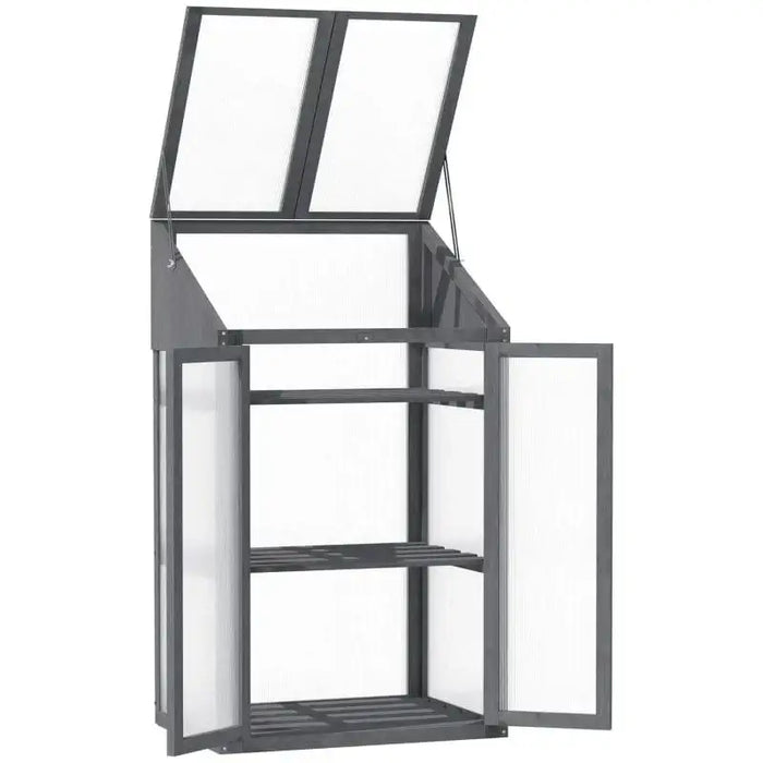 3-tier grey wooden mini greenhouse with open doors and top lid, cold frame design