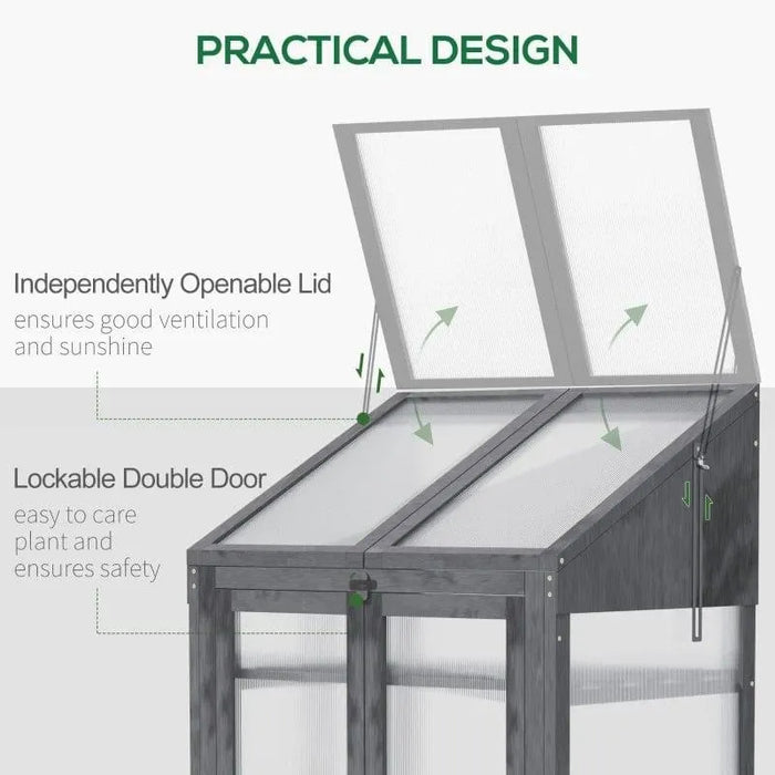 Grey wooden mini cold frame greenhouse with openable lid and lockable double door design.