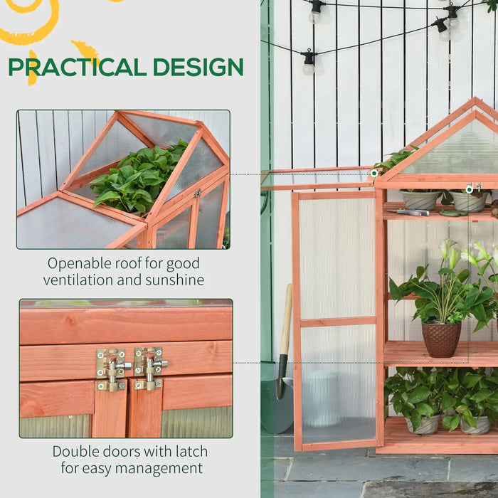 Wooden Cold Frame Polycarbonate Greenhouse with Adjustable Shelves - Little and Giant Explorers Outsunny