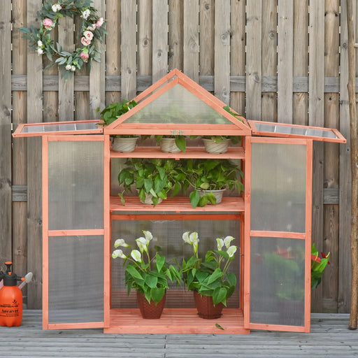 Wooden Cold Frame Polycarbonate Greenhouse with Adjustable Shelves - Little and Giant Explorers Outsunny