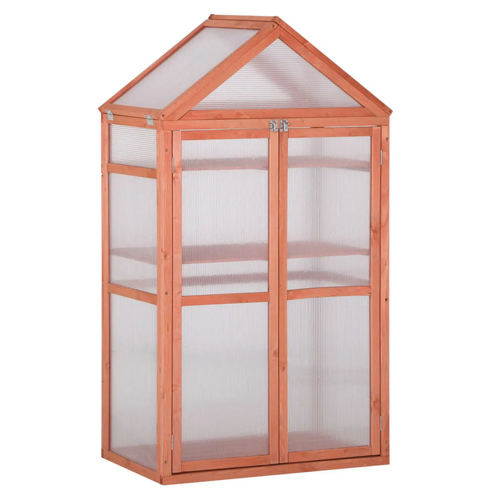 Wooden Cold Frame Polycarbonate Greenhouse with Adjustable Shelves - Little and Giant Explorers Outsunny