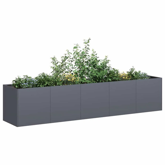 Anthracite cold rolled steel raised garden bed planter with assorted green plants and flowers
