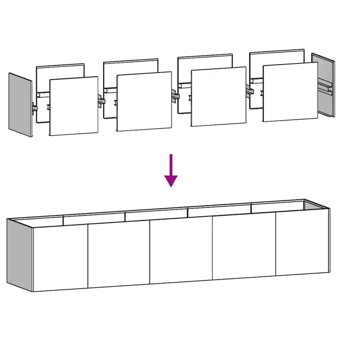 Diagram showing assembly of rectangular raised garden bed panels into a long planter box
