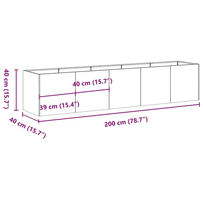 Diagram of cold rolled steel raised garden bed with dimensions 200x40x40cm in anthracite
