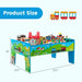 Colorful wooden train table with 84-piece set, blue legs, and illustrated scenery panels.