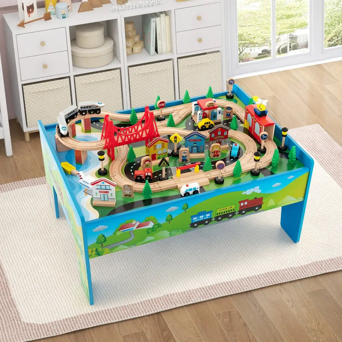 Colorful wooden train table with 84-piece set and tracks in a children's playroom