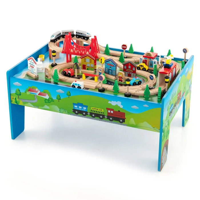 Colorful wooden train table with 84-piece train set and activity accessories for kids