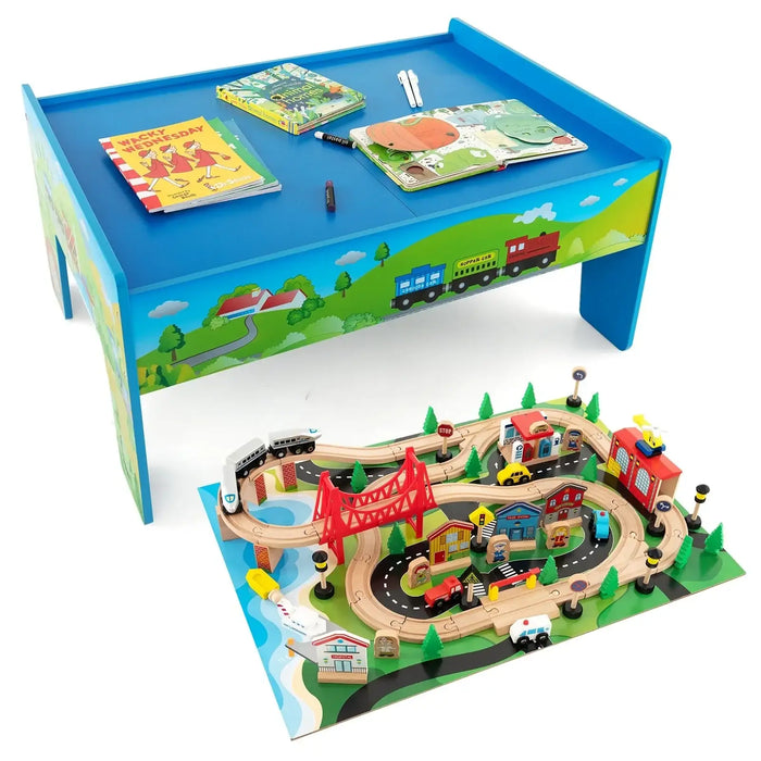 Colorful wooden train table with 84-piece set and multi-purpose activity table