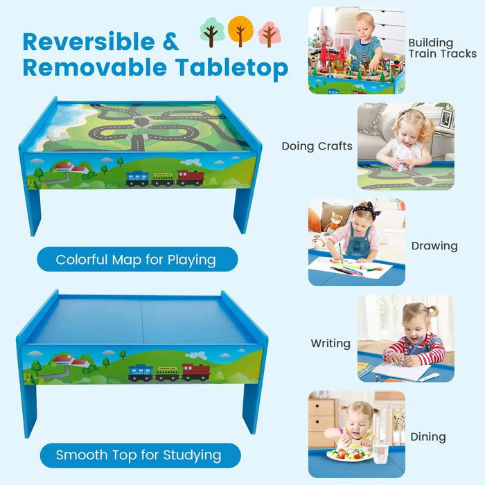 Colorful wooden train table with reversible map, kids doing crafts and drawing, activity table.