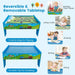 Colorful wooden train table with reversible map, kids doing crafts and drawing, activity table.
