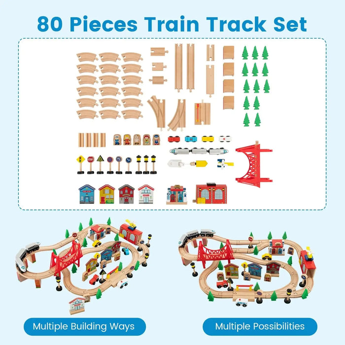 Colorful wooden train table with 80-piece set, tracks, bridges, and accessory buildings.