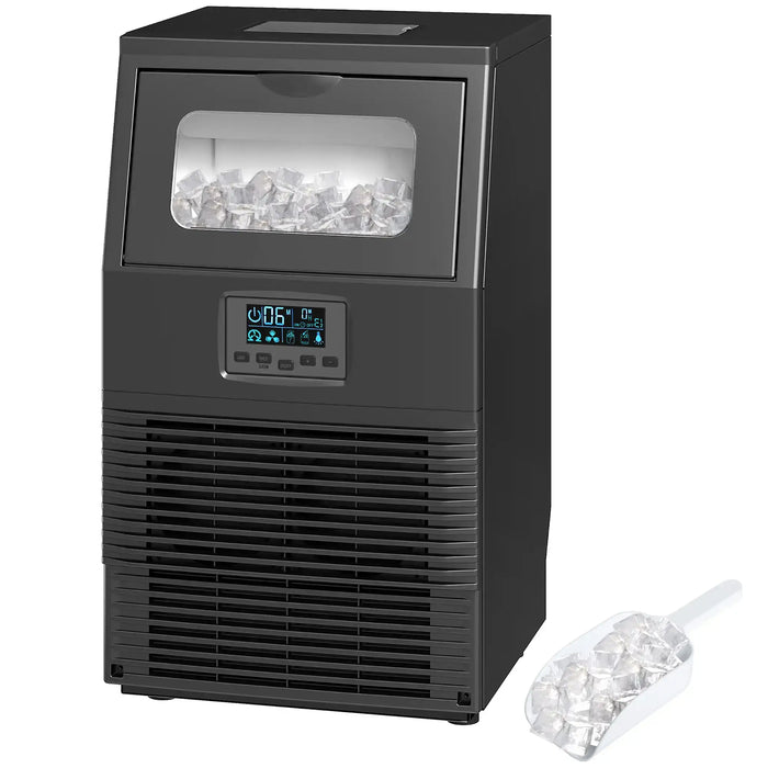 Black ice maker with digital display and ice cube output on a white background