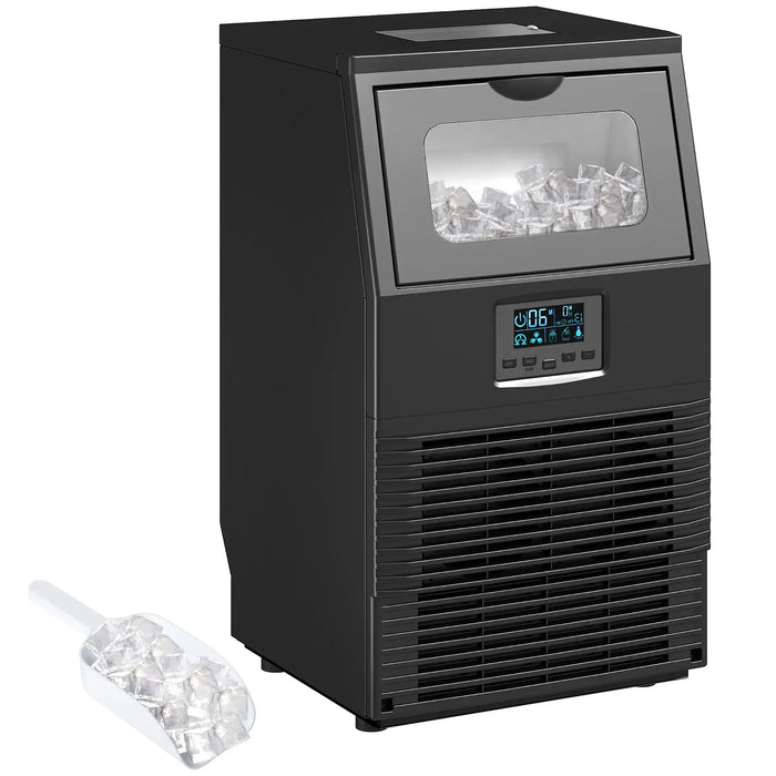 Black ice maker with digital display and ice scoop on a white background
