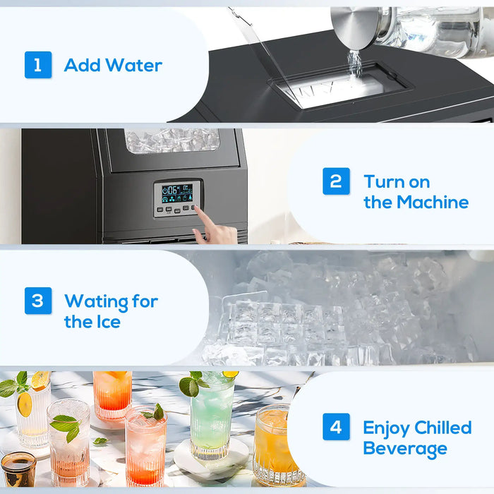 Step-by-step guide on using an ice machine with images and text.