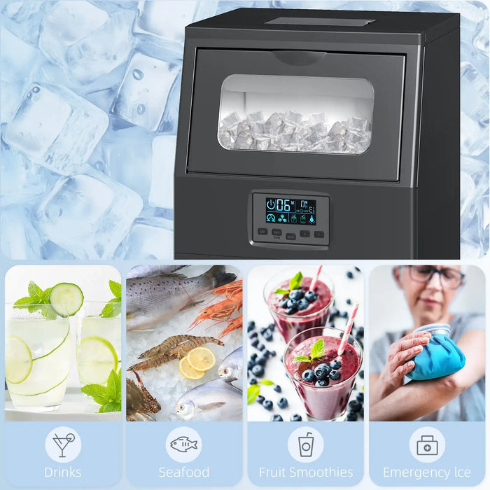 Portable ice maker with images of drinks, seafood, fruit smoothies, and emergency use on a blue background.