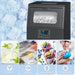 Portable ice maker with images of drinks, seafood, fruit smoothies, and emergency use on a blue background.