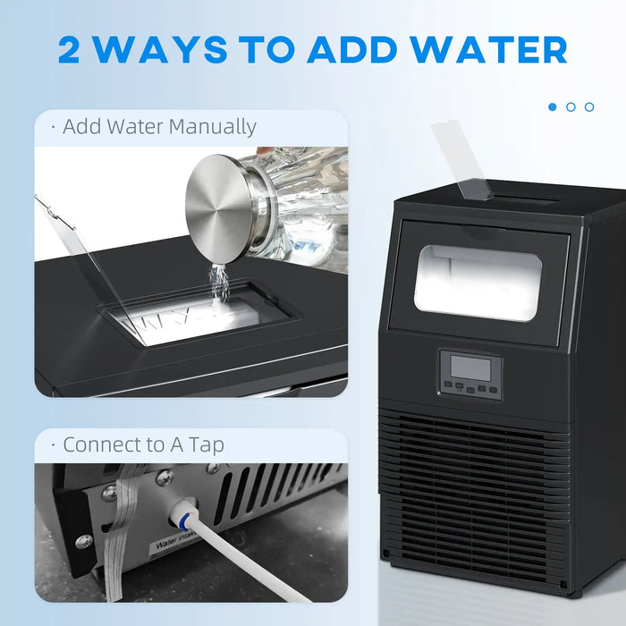 Black water dispenser with instructions on adding water manually and connecting to a tap.
