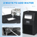 Black water dispenser with instructions on adding water manually and connecting to a tap.