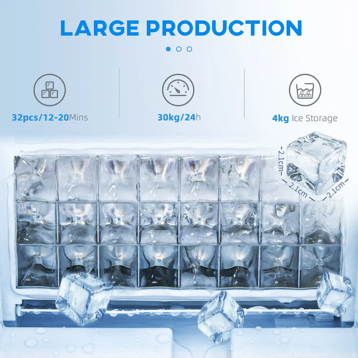 Ice cube tray with ice cubes and production details on a blue background