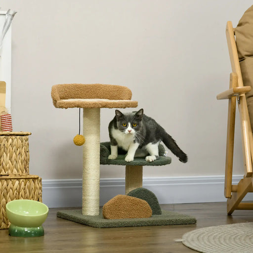Cat Tree Green Brown Beige | Compact with Two Beds - Little and Giant Explorers PawHut