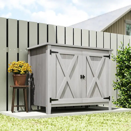 Compact Wooden Garden Storage Shed – Grey Flat Top | Built-In Shelf - Barn Door Design OUTSUNNY - Little and Giant Explorers Outsunny