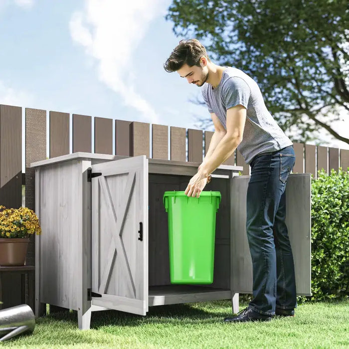 Compact Wooden Garden Storage Shed – Grey Flat Top | Built-In Shelf - Barn Door Design OUTSUNNY - Little and Giant Explorers Outsunny