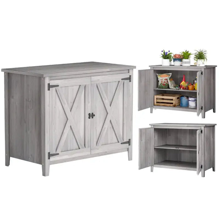 Compact Wooden Garden Storage Shed – Grey Flat Top | Built-In Shelf - Barn Door Design OUTSUNNY - Little and Giant Explorers Outsunny