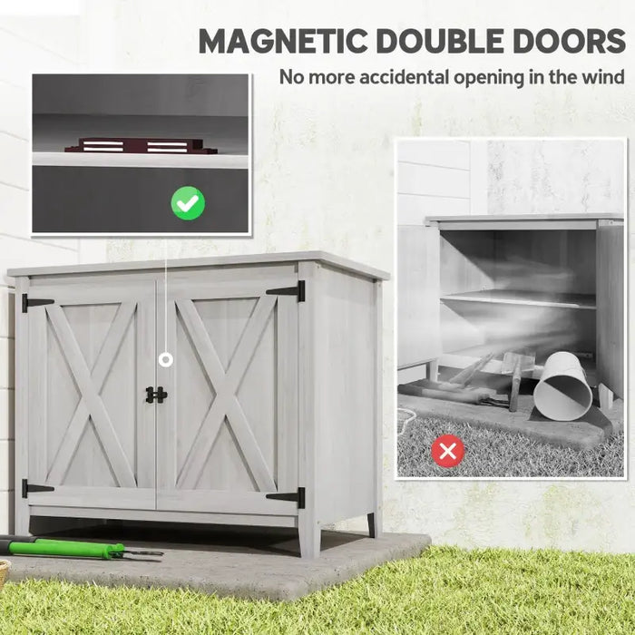 Compact Wooden Garden Storage Shed – Grey Flat Top | Built-In Shelf - Barn Door Design OUTSUNNY - Little and Giant Explorers Outsunny