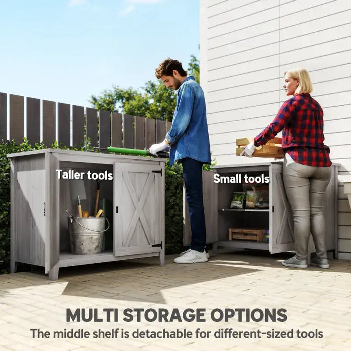 Compact Wooden Garden Storage Shed – Grey Flat Top | Built-In Shelf - Barn Door Design OUTSUNNY - Little and Giant Explorers Outsunny