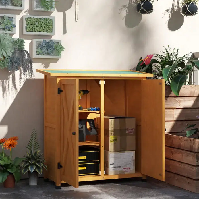 Compact Wooden Garden Storage Shed – Yellow | Fir Wood - Double Doors OUTSUNNY - Little and Giant Explorers Outsunny