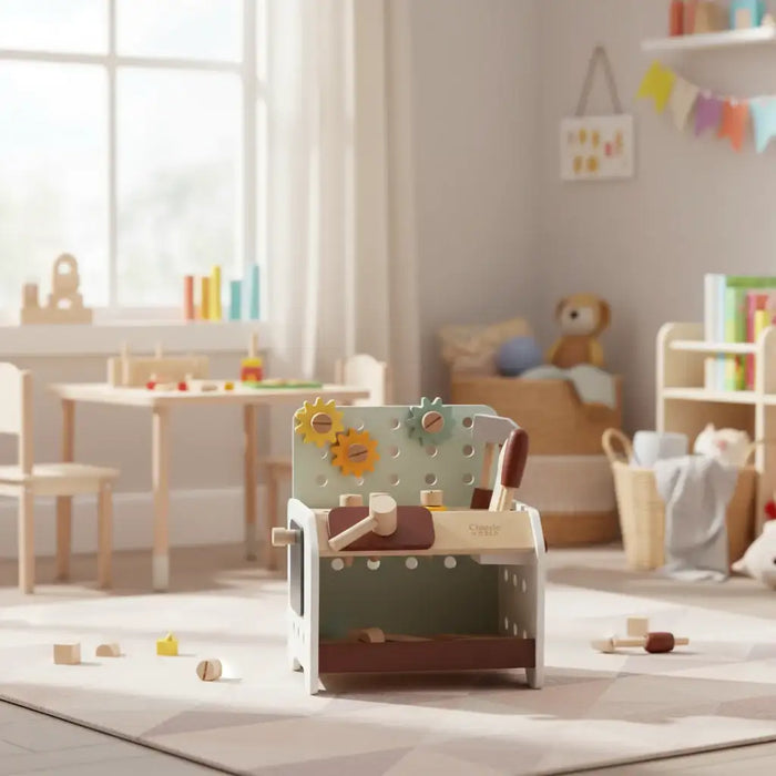 Compact Wooden Tool Bench | Mini Workstation with Chalkboard CLASSIC WORLD - Little and Giant Explorers Classic World