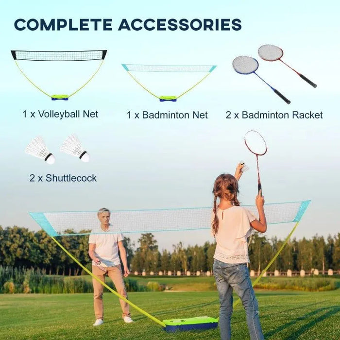 Badminton and volleyball set with nets, rackets, shuttlecocks used outdoors by two people