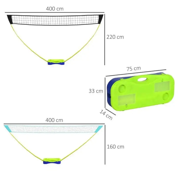 Dual sport outdoor badminton and volleyball net set with carrying case, dimensions shown