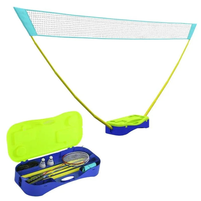 Badminton and volleyball set with net, rackets, shuttlecocks, and storage case