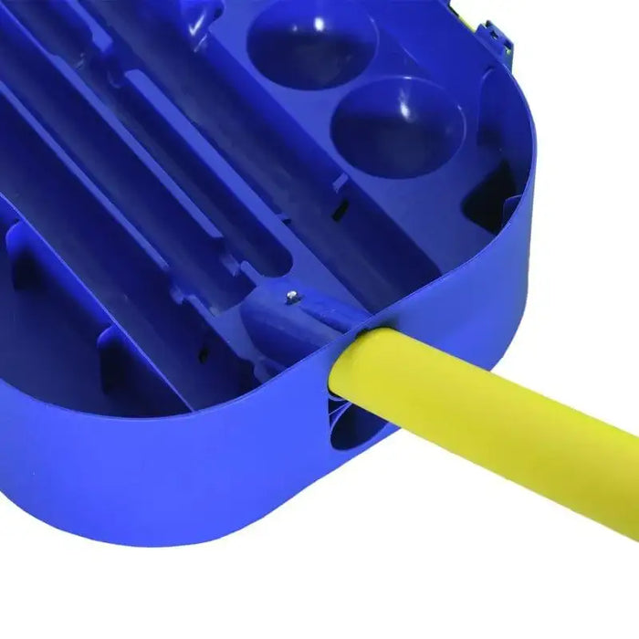 Close-up of blue plastic badminton or volleyball set base with yellow pole inserted