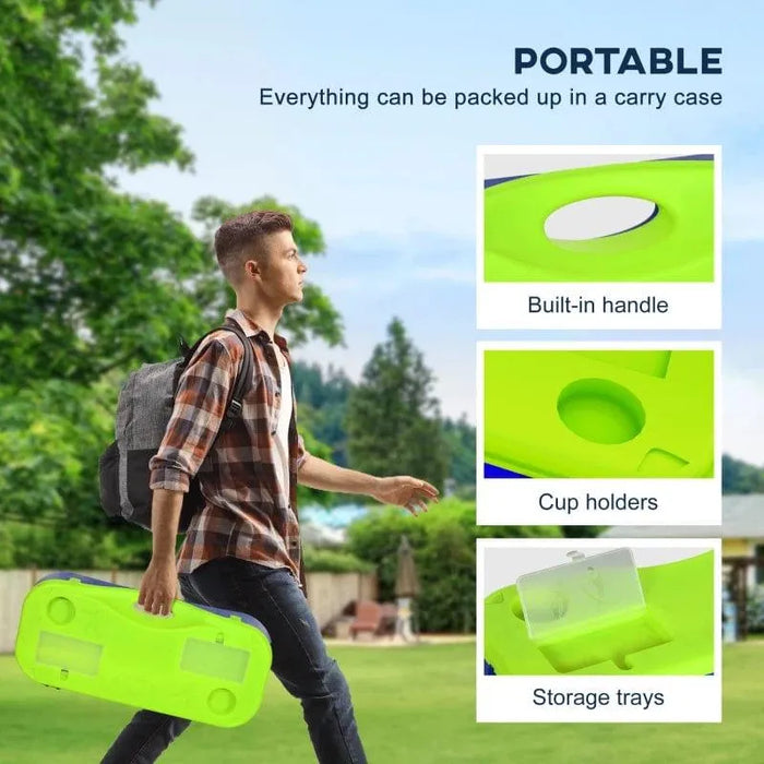 Man carrying portable badminton and volleyball set with built-in handle, cup holders, storage trays outdoors