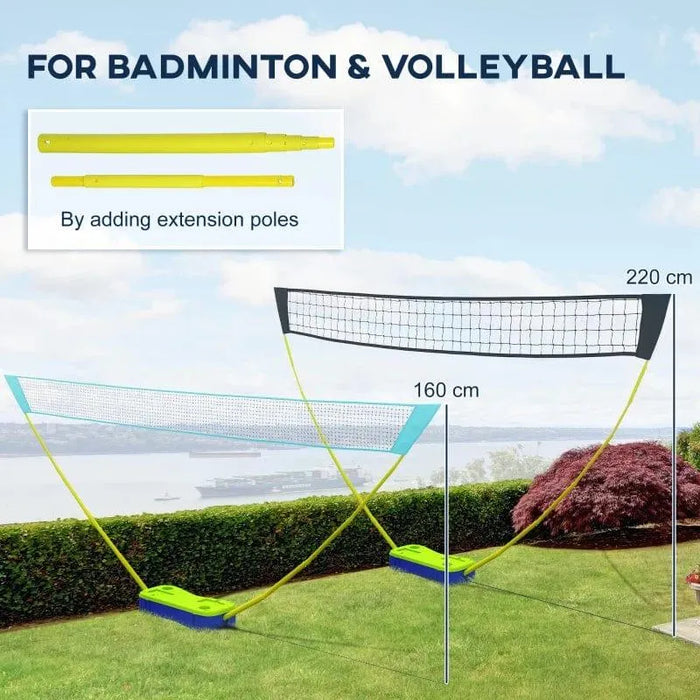 Outdoor badminton and volleyball set with adjustable net, extension poles, and lawn setup.