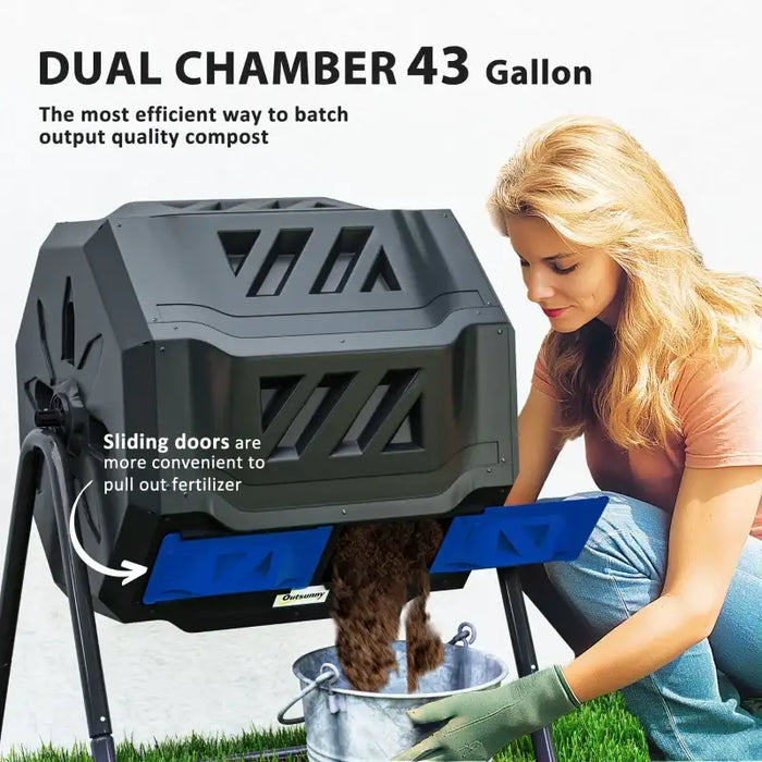 Compost Bin – Blue and Black | 160L Rotating Dual Chamber - 360° Tumbling Design OUTSUNNY - Little and Giant Explorers Outsunny