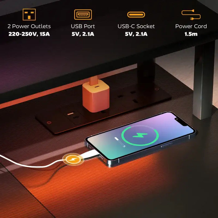 Computer Desk - Carbon Fibre Grey | Built-In Charging Station and RGB LED Lights HOMCOM - Little and Giant Explorers HOMCOM