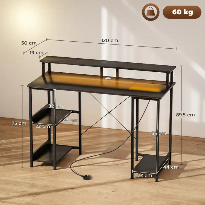 Computer Desk - Carbon Fibre Grey | Built-In Charging Station and RGB LED Lights HOMCOM - Little and Giant Explorers HOMCOM
