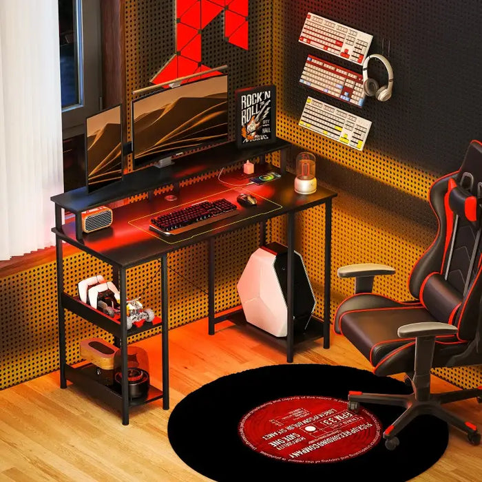 Computer Desk - Carbon Fibre Grey | Built-In Charging Station and RGB LED Lights HOMCOM - Little and Giant Explorers HOMCOM