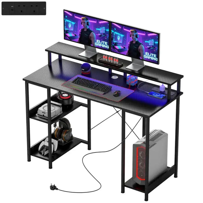 Computer Desk - Carbon Fibre Grey | Built-In Charging Station and RGB LED Lights HOMCOM - Little and Giant Explorers HOMCOM